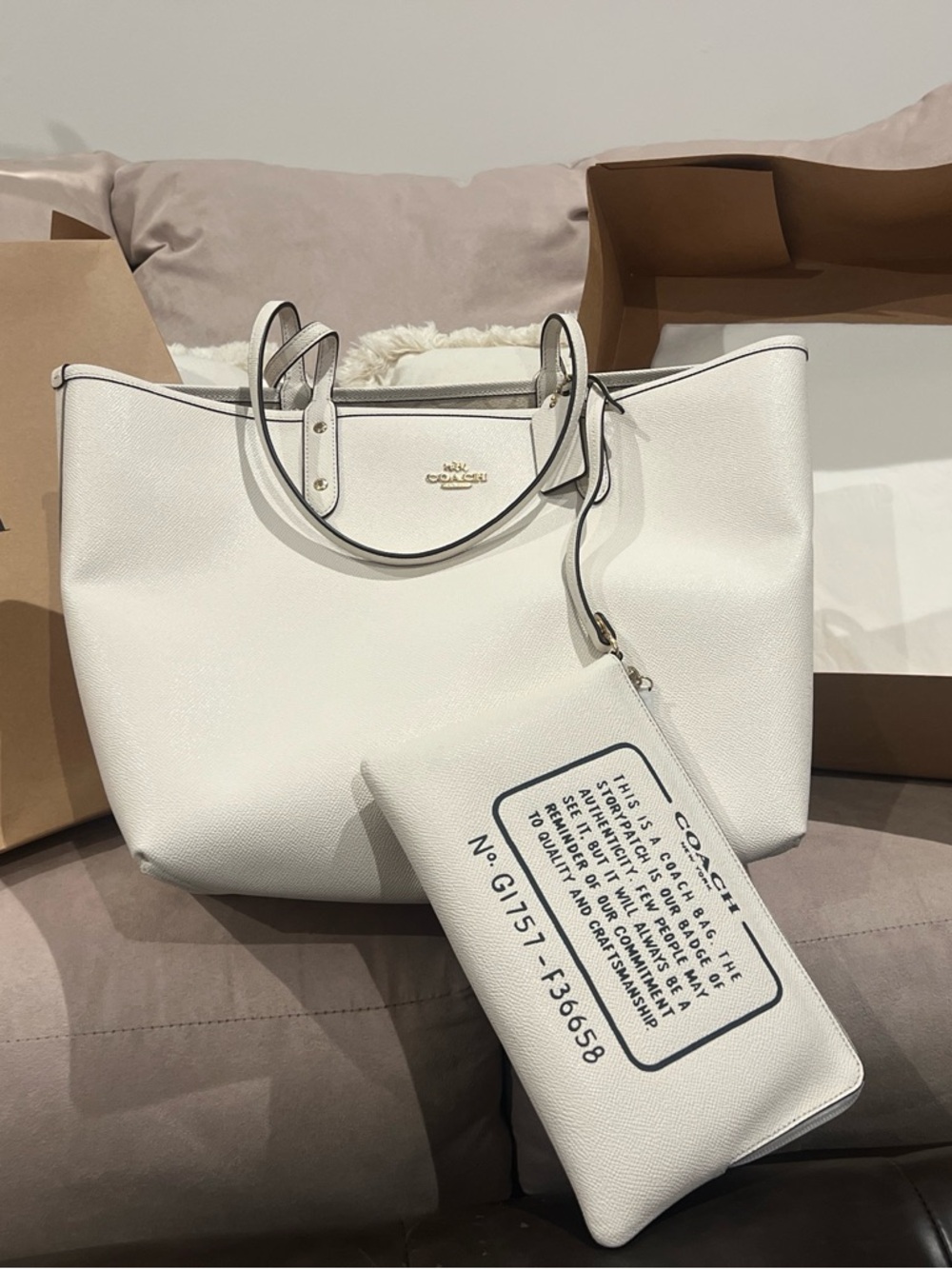 Coach White Leather Tote with Removable Pouch